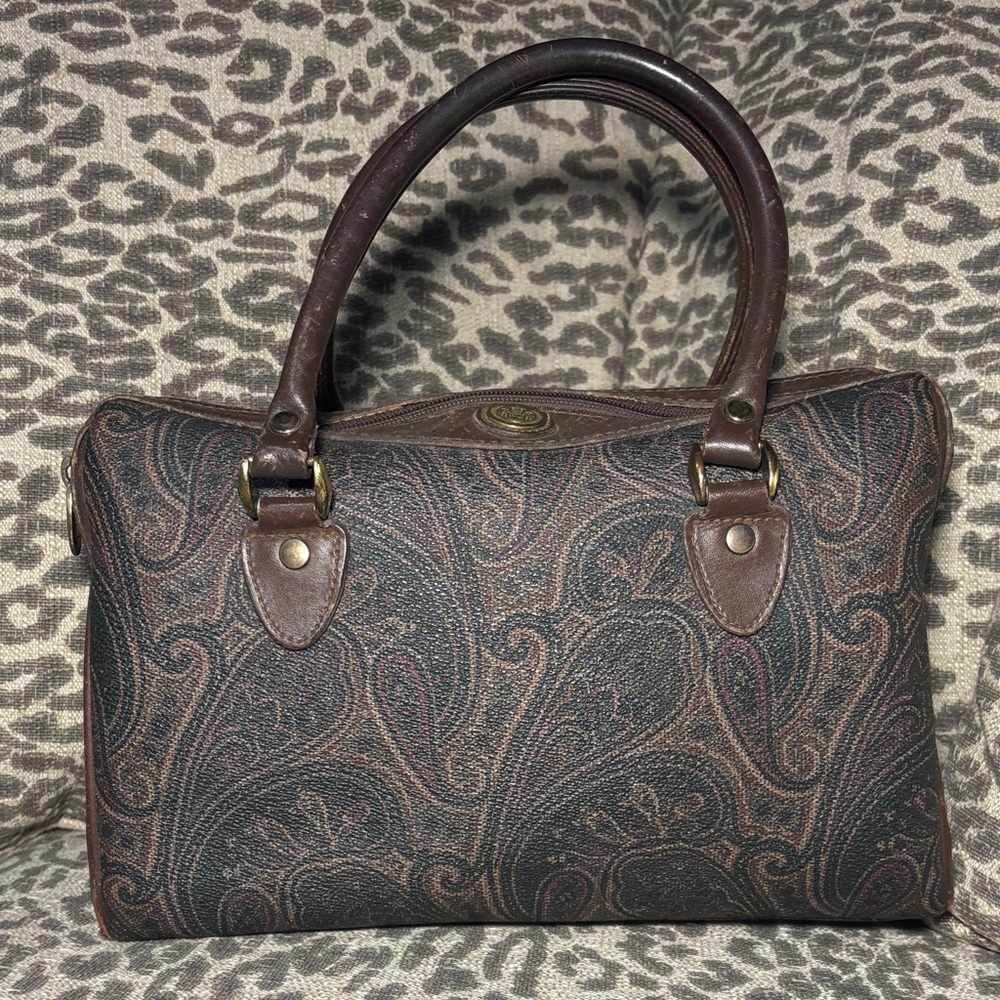 Liz Claiborne vintage leather paisley‎ neutral handbag small top handle purse